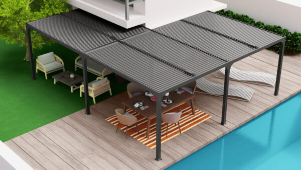 PER 6170 BI Pergola bioclimatique XXL ALUMINIUM en "L" / Surface de protection : 32,63 m² / toit réalisé avec lames ovales en aluminium / Garantie : structure 5 ans ventelles 2 ans*