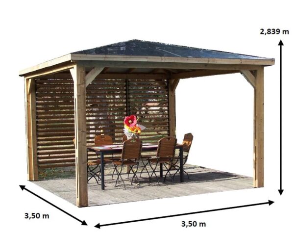 THB 3535.V Pool house BLUETERM fabriqué en bois massif traité très haute température / Couverture en panneau ACP / Une paroi avec ventelles / Très belle finition bois / Environnemental et quasiment sans entretien / Fabriqué en France / Garantie : structure 10 ans couverture 2 ans*