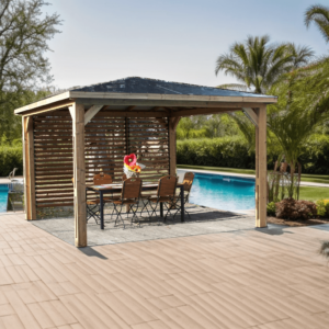 THB 3535.V Pool house BLUETERM fabriqué en bois massif traité très haute température / Couverture en panneau ACP / Une paroi avec ventelles / Très belle finition bois / Environnemental et quasiment sans entretien / Fabriqué en France / Garantie : structure 10 ans couverture 2 ans*