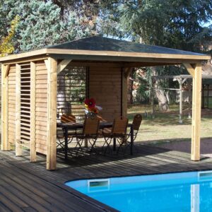 THB 3535.VV Pool house BLUETERM fabriqué en bois massif traité très haute température / Couverture en panneau ACP / Deux parois avec ventelles / Très belle finition bois / Environnemental et quasiment sans entretien / Fabriqué en France / Garantie : structure 10 ans couverture 2 ans*