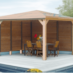 THB 3535.VV Pool house BLUETERM fabriqué en bois massif traité très haute température / Couverture en panneau ACP / Deux parois avec ventelles / Très belle finition bois / Environnemental et quasiment sans entretien / Fabriqué en France / Garantie : structure 10 ans couverture 2 ans*