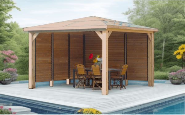 THB 3535.VV Pool house BLUETERM fabriqué en bois massif traité très haute température / Couverture en panneau ACP / Deux parois avec ventelles / Très belle finition bois / Environnemental et quasiment sans entretien / Fabriqué en France / Garantie : structure 10 ans couverture 2 ans*