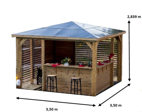 THB 3535.CCVV Pool house BLUETERM fabriqué en bois massif traité très haute température / dimensions 3,79x3,79 m / Couverture en panneau ACP / Deux parois avec ventelles et 2 parois avec comptoirs / Très belle finition bois / Environnemental et quasiment sans entretien / Fabriqué en France / Garantie : structure 10 ans couverture 2 ans*