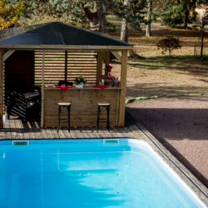 THB 3535.CCVV Pool house BLUETERM fabriqué en bois massif traité très haute température / dimensions 3,79x3,79 m / Couverture en panneau ACP / Deux parois avec ventelles et 2 parois avec comptoirs / Très belle finition bois / Environnemental et quasiment sans entretien / Fabriqué en France / Garantie : structure 10 ans couverture 2 ans*