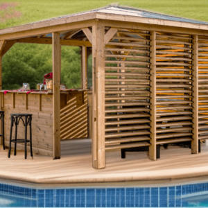 THB 3535.CCVV Pool house BLUETERM fabriqué en bois massif traité très haute température / dimensions 3,79x3,79 m / Couverture en panneau ACP / Deux parois avec ventelles et 2 parois avec comptoirs / Très belle finition bois / Environnemental et quasiment sans entretien / Fabriqué en France / Garantie : structure 10 ans couverture 2 ans*