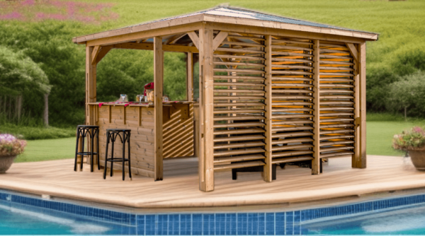 THB 3535.CCVV Pool house BLUETERM fabriqué en bois massif traité très haute température / dimensions 3,79x3,79 m / Couverture en panneau ACP / Deux parois avec ventelles et 2 parois avec comptoirs / Très belle finition bois / Environnemental et quasiment sans entretien / Fabriqué en France / Garantie : structure 10 ans couverture 2 ans*