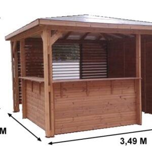 THB 3535.CCVB Pool house BLUETERM fabriqué en bois massif traité très haute température / dimensions 3,75x3,75 m / Couverture en panneau ACP / Une paroi avec ventelles, une paroi avec mur plein et deux parois avec comptoirs / Très belle finition bois / Environnemental et quasiment sans entretien / Fabriqué en France / Garantie : structure 10 ans couverture 2 ans*