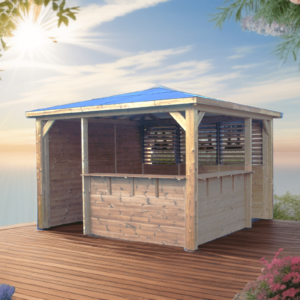 THB 3535.CCVB Pool house BLUETERM fabriqué en bois massif traité très haute température / dimensions 3,75x3,75 m / Couverture en panneau ACP / Une paroi avec ventelles, une paroi avec mur plein et deux parois avec comptoirs / Très belle finition bois / Environnemental et quasiment sans entretien / Fabriqué en France / Garantie : structure 10 ans couverture 2 ans*