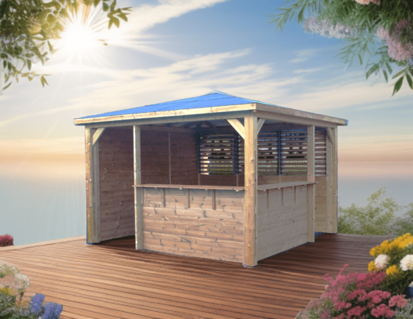 THB 3535.CCVB Pool house BLUETERM fabriqué en bois massif traité très haute température / dimensions 3,75x3,75 m / Couverture en panneau ACP / Une paroi avec ventelles, une paroi avec mur plein et deux parois avec comptoirs / Très belle finition bois / Environnemental et quasiment sans entretien / Fabriqué en France / Garantie : structure 10 ans couverture 2 ans*