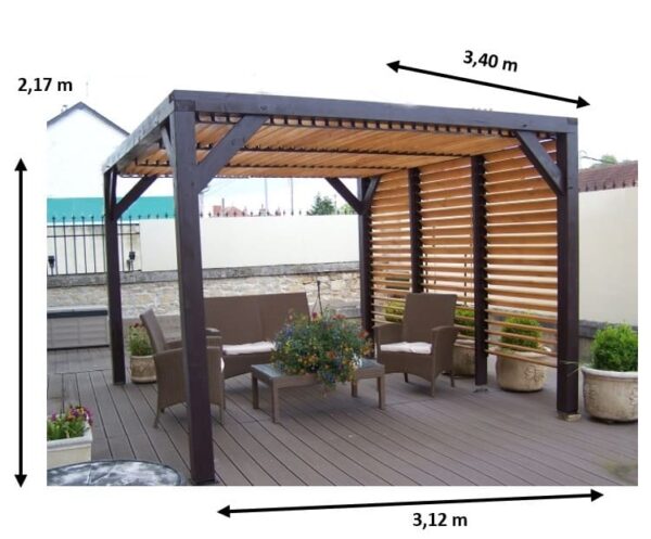 VT 3431 Auvent VENETO bois avec ventelles réglables toit et mur / surface au sol : 10,60 m2 / Fabriqué en France / Garantie : 4 ans