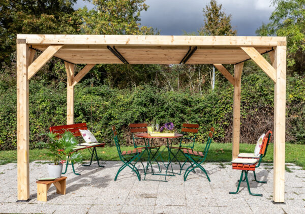 VTDO 3431 T Auvent VENETO fabriqué en douglas massif bois Français naturellement durable avec ventelles réglables toit / surface au sol : 10,60 m2 / Fabriqué en France / Garantie : 5 ans contre les attaques d'insectes et le pourrissement