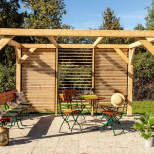 VTDO 3436 V Auvent VENETO fabriqué en douglas massif bois Français naturellement durable avec ventelles réglables mur / surface au sol : 12,24 m2 / Fabriqué en France / Garantie : 5 ans contre les attaques d'insectes et le pourrissement