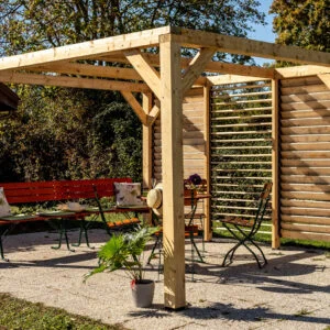 VTDO 3436 V Auvent VENETO fabriqué en douglas massif bois Français naturellement durable avec ventelles réglables mur / surface au sol : 12,24 m2 / Fabriqué en France / Garantie : 5 ans contre les attaques d'insectes et le pourrissement
