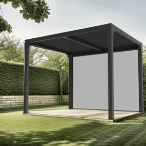 PER 2430R BI Pergola bioclimatique ALUMINIUM balcon et terrasse coloris gris anthracite avec rideau manuel coloris gris pour côté 3 m / Surface de protection : 7,20 m² / toit réalisé avec lames ovales en aluminium / Garantie : structure 5 ans ventelles 2 ans rideau 1 an*