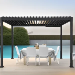PER 3040 ELEC Pergola bioclimatique ALUMINIUM électrique équipée de rubans LED / Surface de protection : 11,83 m² / toit réalisé avec lames larges et plates en aluminium / Garantie : structure 5 ans moteur 2 ans