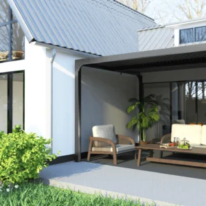 PER 3630VB BI Pergola bioclimatique ALUMINIUM coloris gris anthracite livrée avec des ventelles latérales aluminium mobiles couleur imitation bois pour côté 3 m / Surface de protection : 10,80 m² / toit réalisé avec lames ovales en aluminium / Garantie : structure 5 ans ventelles 2 ans*