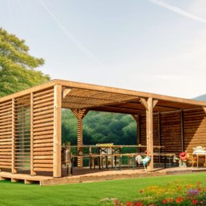 Pergola bois 20,93 M2 THO 3562 VVT bois massif traité THT - toit et 2 parois avec ventelles mobiles - HABRITA -