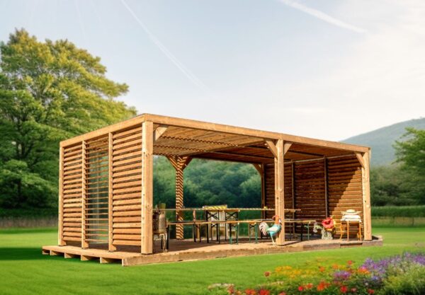 Pergola bois 20,93 M2 THO 3562 VVT bois massif traité THT - toit et 2 parois avec ventelles mobiles - HABRITA -