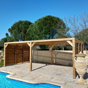 Pergola bois 20,93 M2 THO 3562 VVT bois massif traité THT - toit et 2 parois avec ventelles mobiles - HABRITA -