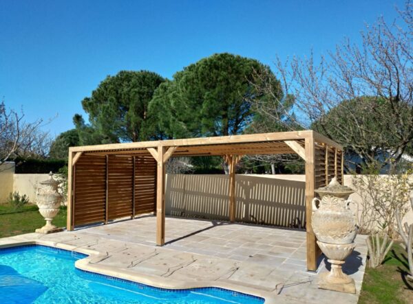 Pergola bois 20,93 M2 THO 3562 VVT bois massif traité THT - toit et 2 parois avec ventelles mobiles - HABRITA -