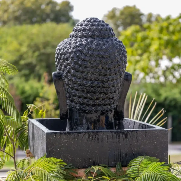 CMJ-M-BH-75-F-N+M-BHBASE-CARRE-75-N Fontaine avec bassin carré tête de Bouddha en pierre noir antique - 75 cm
