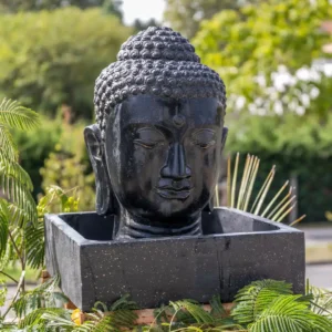 Fontaine tête de Bouddha avec bassin carré en pierre noir antique - 75 cm