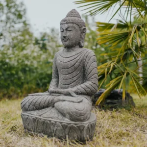 CMJ-PV-SBMED-80-NAT Statue de jardin Bouddha Lotus en pierre volcanique - 80 cm