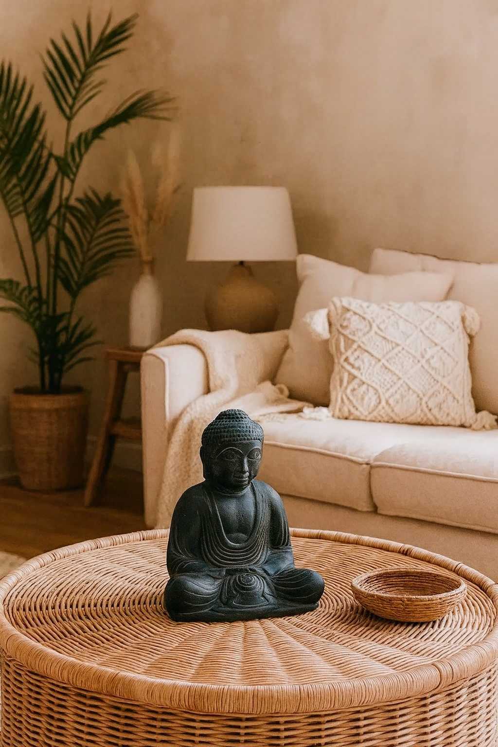 Statuette Bouddha assis en pierre - 21 cm Méditation 2 Statuette Bouddha assis en pierre – 21 cm Méditation - La statuette est posée sur une table basse dans un salon à la décoration bohème chic