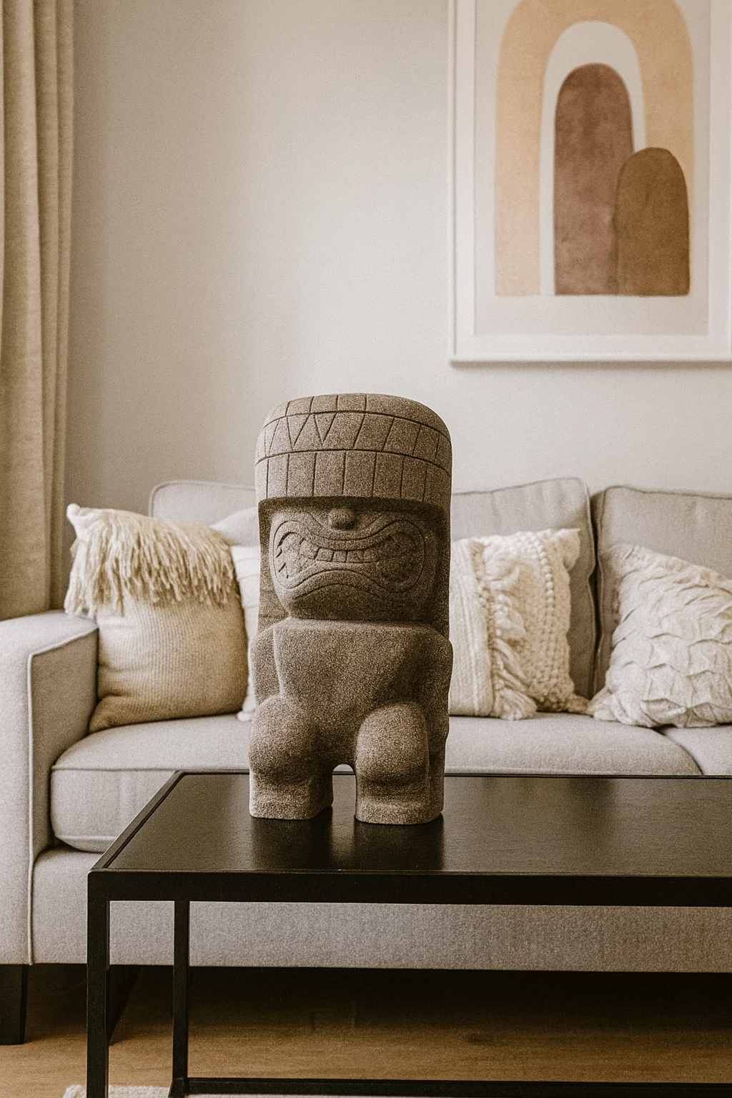 Tiki polynésien en pierre volcanique - 50 cm Primitif 2 Tiki polynésien en pierre volcanique – 50 cm Primitif - Il est posé sur une table basse en tant que décoration intérieure (Visuel non contractuel - Mise en situation générée à titre indicatif)