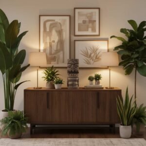 Totem Tiki polynésien en pierre volcanique – 50 cm Uta - La statue est intégrée dans une décoration intérieure et posée sur un grand buffet en bois (Visuel non contractuel - Mise en situation générée à titre indicatif)