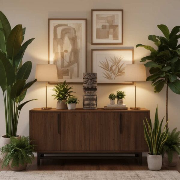 Totem Tiki polynésien en pierre volcanique – 50 cm Uta - La statue est intégrée dans une décoration intérieure et posée sur un grand buffet en bois (Visuel non contractuel - Mise en situation générée à titre indicatif)