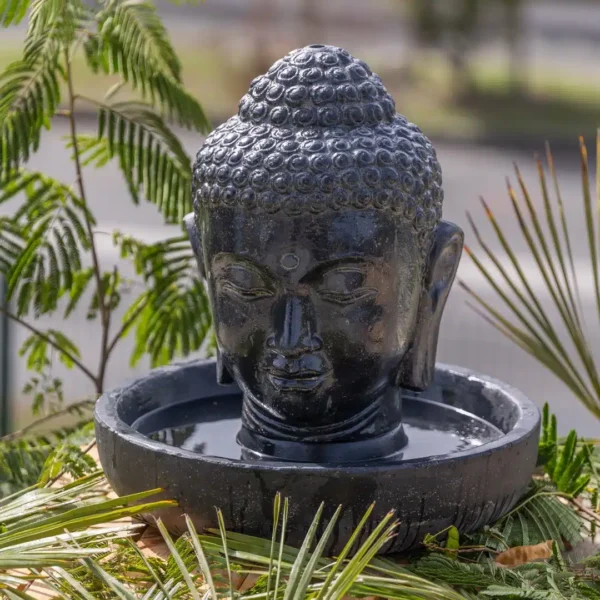 CMJ-M-BH-50-F-N+M-BHBASE-ROND-50-N Petite fontaine de jardin tête de Bouddha avec bassin rond - Noir antique 50cm