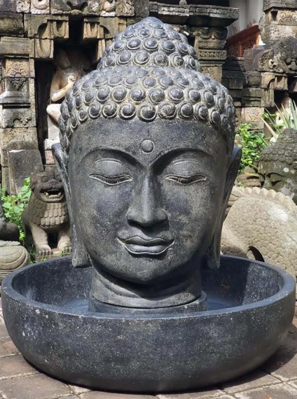 CMJ-M-BH-75-F-N+M-BHBASE-ROND-75-N Fontaine de jardin tête de bouddha avec bassin rond - Noir antique 75cm