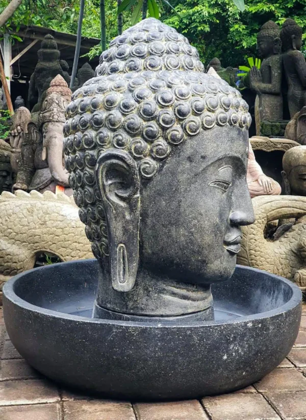 CMJ-M-BH-75-F-N+M-BHBASE-ROND-75-N Fontaine de jardin tête de bouddha avec bassin rond - Noir antique 75cm