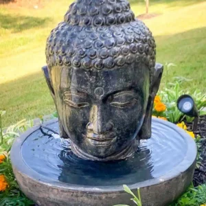 CMJ-M-BH-75-F-N+M-BHBASE-ROND-75-N Fontaine de jardin tête de bouddha avec bassin rond - Noir antique 75cm