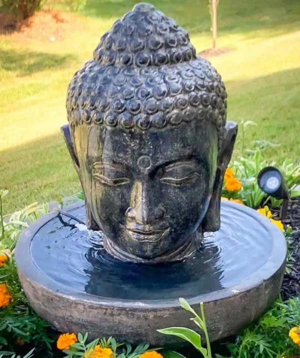 CMJ-M-BH-75-F-N+M-BHBASE-ROND-75-N Fontaine de jardin tête de bouddha avec bassin rond - Noir antique 75cm