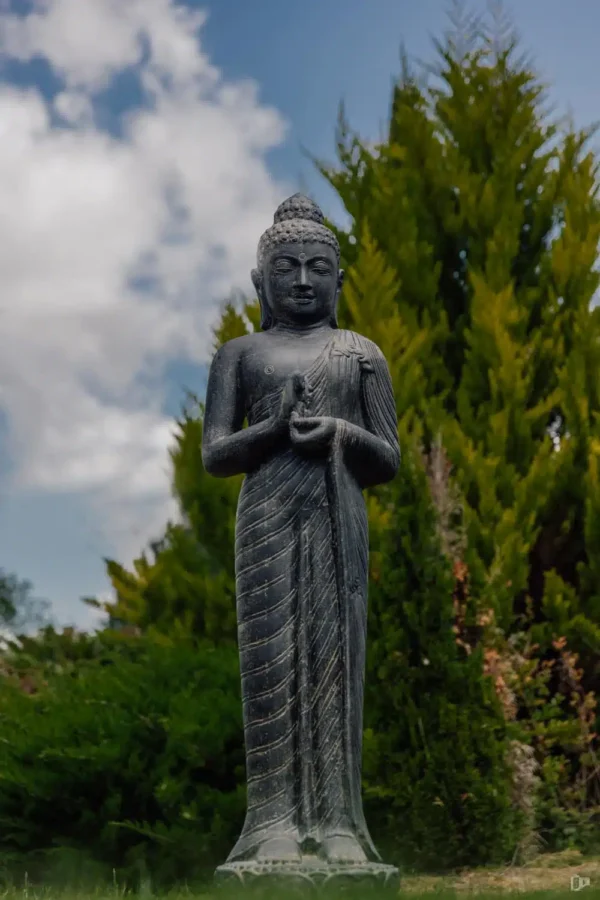 CMJ-M-STB-158-C-N Grande statue Bouddha debout en position chakra - Noir antique 158cm
