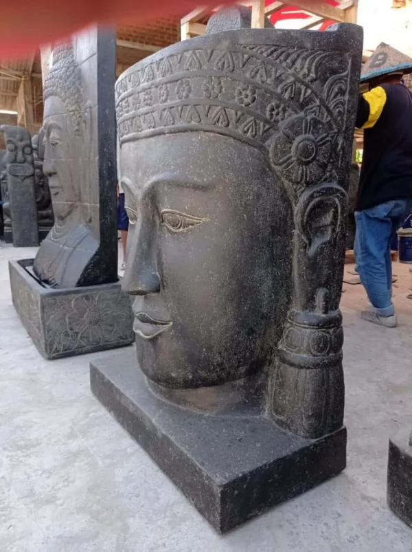 CMJ-M-WGKB-180-N Grande fontaine en pierre tête de Bouddha Khmer sur base - 180cm Noir antique