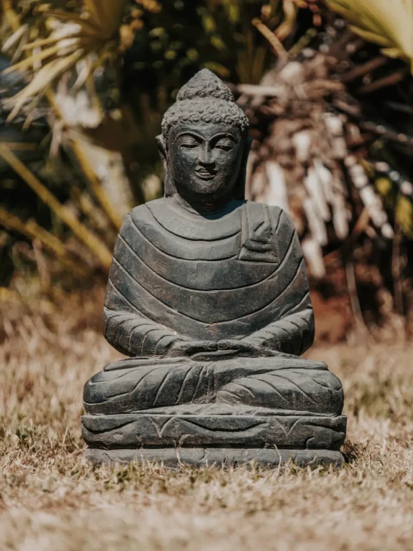 CMJ-PV-SBMED1-50-ANT Statue de jardin Bouddha assis extérieur en pierre naturelle - Noir antique 50 cm