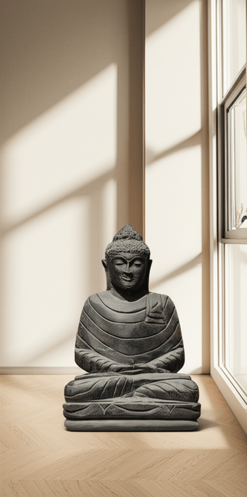 Statue de jardin Bouddha assis extérieur en pierre naturelle - Noir antique 50 cm 2 Statue Bouddha assis intérieur en pierre naturelle posé dans l'angle d'un salon – Noir antique 50 cm (visuel non contractuel - mise en situation générée à titre indicatif)