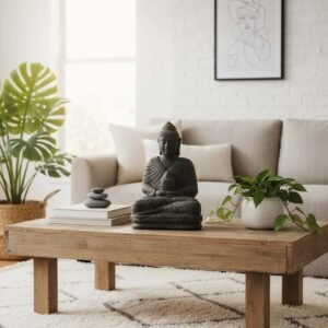 Statue Bouddha fleur de lotus 50 cm posé sur une table en tant que décoration intérieure (visuel non contractuel - mise en situation générée à titre indicatif)