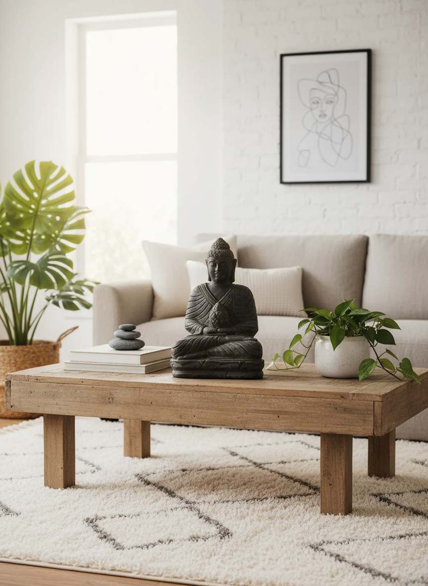 Statue Bouddha fleur de lotus en pierre naturelle - Noir antique 50cm 2 Statue Bouddha fleur de lotus 50 cm posé sur une table en tant que décoration intérieure (visuel non contractuel - mise en situation générée à titre indicatif)