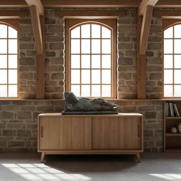 Statue Bouddha intérieur couché en pierre naturelle – Noir antique 50 cm - La statue est posée sur un buffet en bois dans une grange en pierre (Mise en situation générée à titre indicatif - Visuel non contractuel)