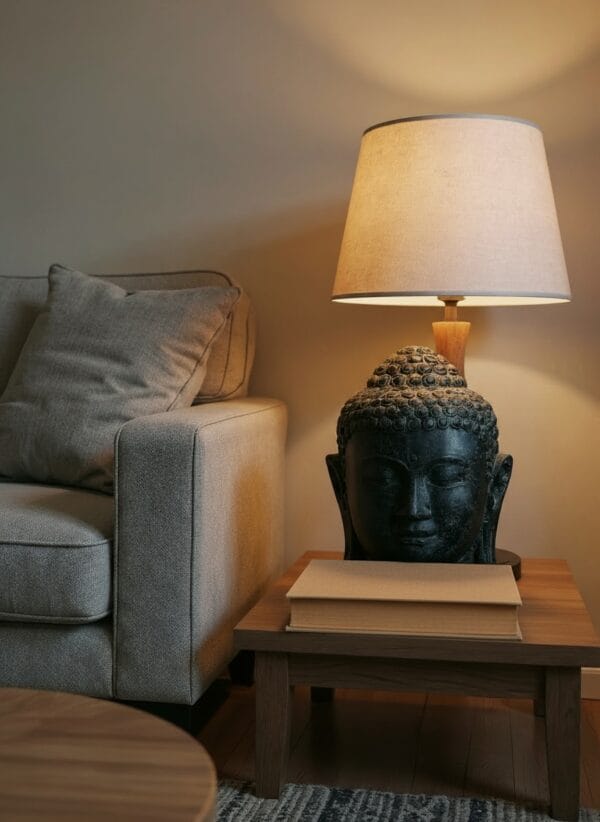 Statue tête de Bouddha Urna - Noir antique 35 cm - Posée sur une table d'appoint, ambiance cosy (Mise en situation générée à titre indicatif - Visuel non contractuel)