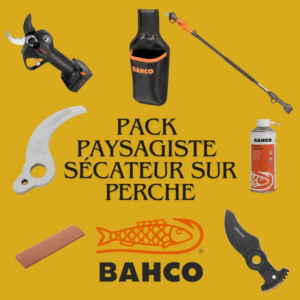 Pack paysagiste sécateur sur perche comprenant un sécateur électrique BCL240, une perche BCL25TP, une lame et contre lame de rechange, un tube de graisse au lithium, une pierre d'affutage et un étui pour sécateur électrique Bahco.