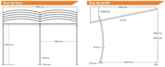 Pergola Sydney adossée 4x3.5/3 - Toile d'ombrage polyester en option - Couleurs du monde 2 Dimensions pergola Sydney