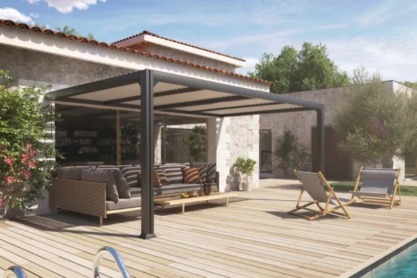 Pergola adossée aluminium bioclimatique 3.5x5 dbles pieds CHARLOTTE - Couleurs du monde