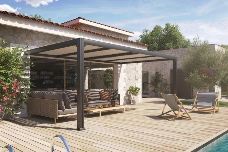 Pergola aluminium adossée bioclimatique 3.5x5 dbles pieds CHARLOTTE - Couleurs du monde 2 Pergola adossée aluminium bioclimatique 3.5x5 dbles pieds CHARLOTTE - Couleurs du monde