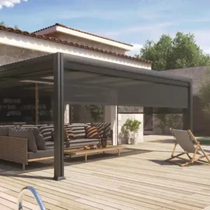 Pergola adossée aluminium bioclimatique 3.5x5 dbles pieds CHARLOTTE - Couleurs du monde (option rideau)