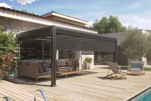 Pergola aluminium adossée bioclimatique 3.5x5 dbles pieds CHARLOTTE - Couleurs du monde 1 Pergola adossée aluminium bioclimatique 3.5x5 dbles pieds CHARLOTTE - Couleurs du monde (option rideau)